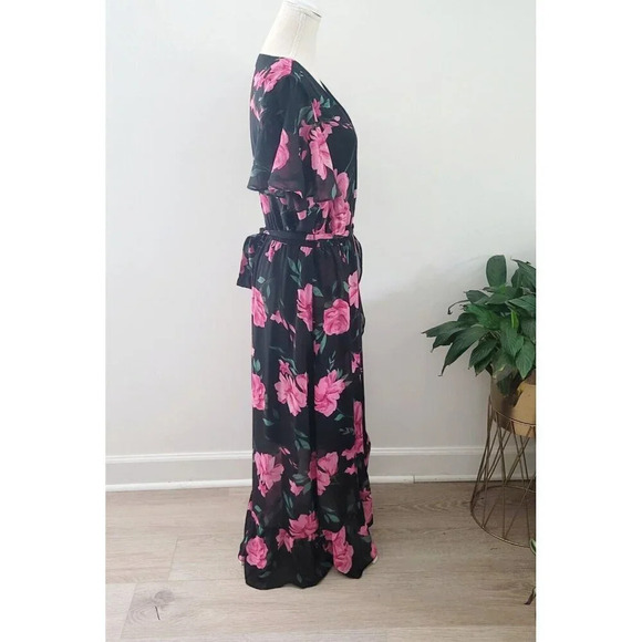 INC International Concepts Pink Black Floral Faux Wrap Midi Flutter Dress 10 M - Picture 9 of 16